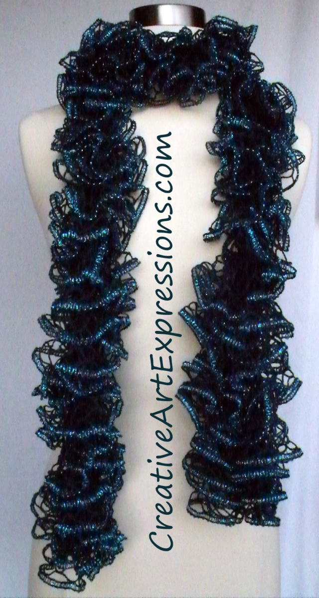 Creative Art Expressions Hand Knit Peacock Ruffle Scarf 